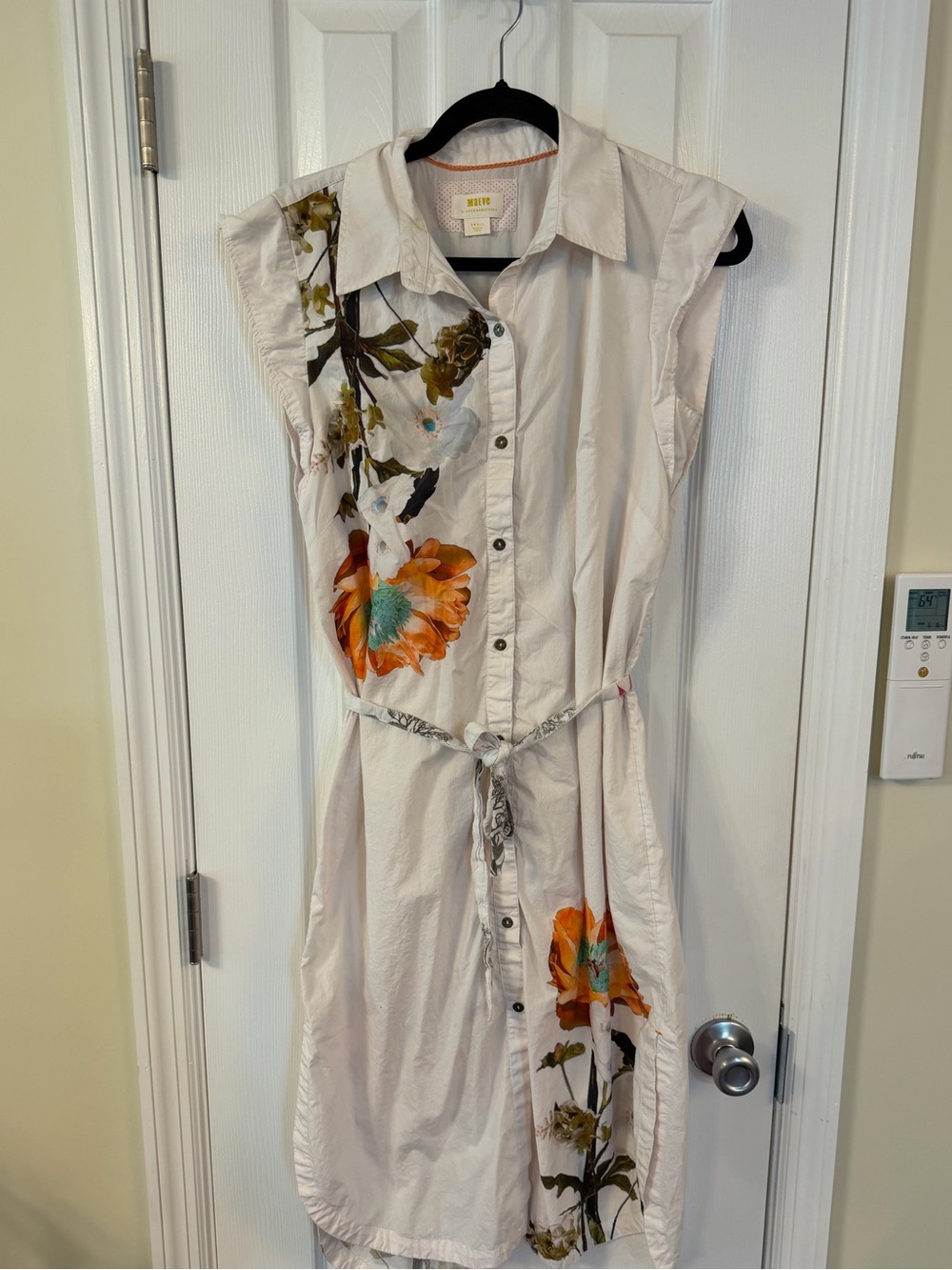 Maeve Anthropologie Floral Shirt Dress Small White Cotton Belted Midi Pockets - Picture 9 of 13